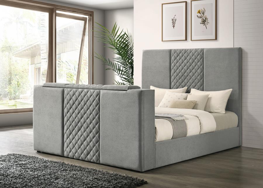 Tara 61-inch Upholstered Eastern King Panel TV Bed Grey