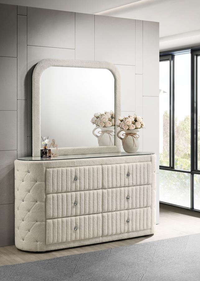 Home & Sleep Outlet - Sonya 6-drawer Upholstered Bedroom Dresser with Mirror Ivory