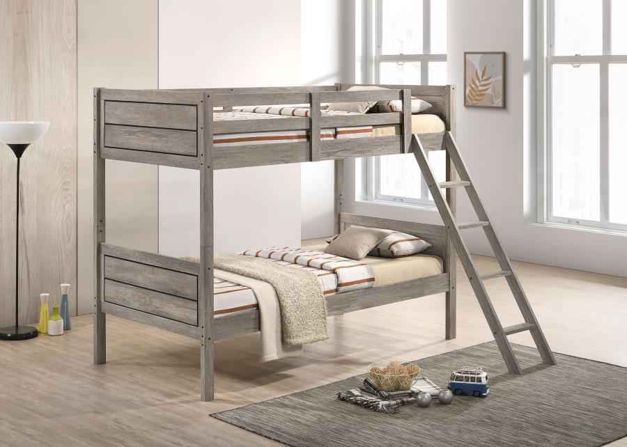 Ryder Wood Twin Over Twin Bunk Bed with Mattress Weathered Taupe - Home & Sleep Outlet