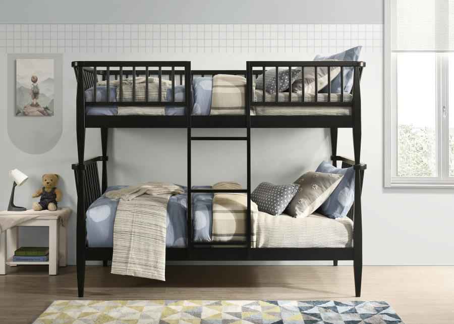Abram Windsor Twin Over Twin Wood Bunk Bed with Ladder Black - Home & Sleep Outlet