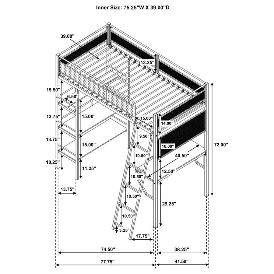 Home & Sleep Outlet - Campus 3-shelf Metal Twin Workstation Loft Bed Matte Black