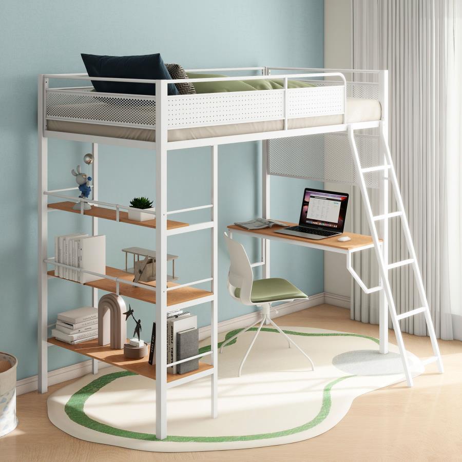 Home & Sleep Outlet - Campus 3-shelf Metal Twin Workstation Loft Bed Matte White
