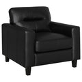 Black faux leather armchair with track arms, padded back, and dark wooden legs on white background.