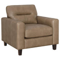 Brown faux leather armchair with track arms, cushioned seat, and dark wood legs on white background.