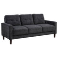 Steel grey fabric three-seat sofa with track arms, tufted cushions, and dark wood legs.