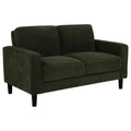Matcha green fabric loveseat with track arms, two cushions, and black tapered legs on white background.
