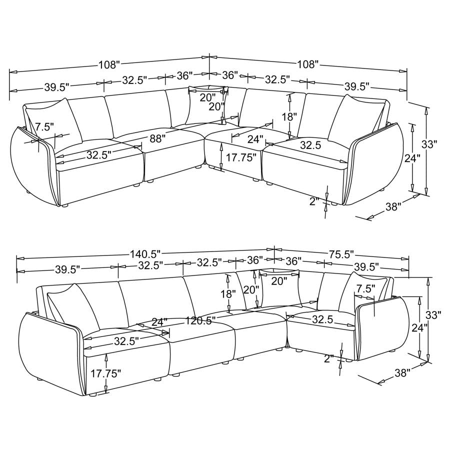 Elysia 5-piece Chenille Upholstered Modular Sectional Sofa Coral
