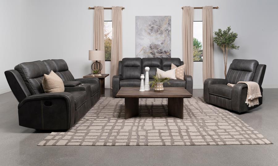 Raelynn Upholstered Track Arm Motion Loveseat Grey - Home & Sleep Outlet