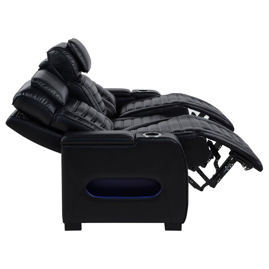 Zuma Faux Leather Dual Power Reclining LED Sofa Black - Home & Sleep Outlet
