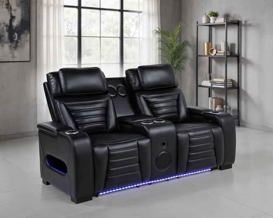 Zuma Faux Leather Dual Power Reclining LED Loveseat Black - Home & Sleep Outlet