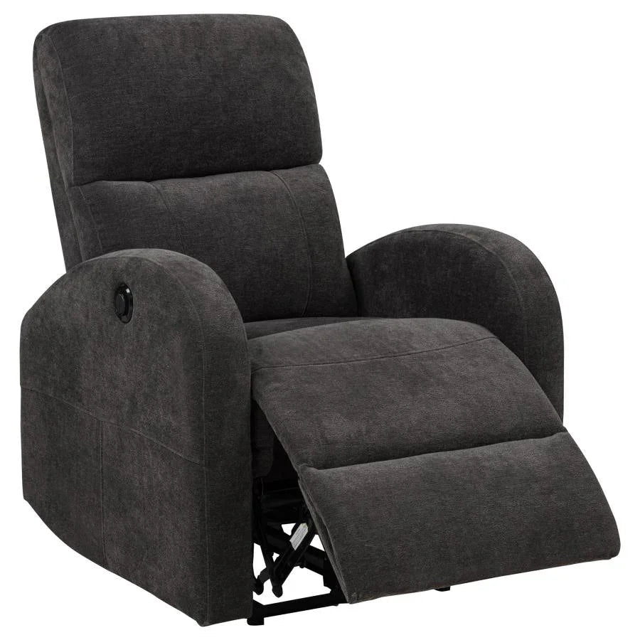 Charcoal grey fabric power recliner chair with extended footrest, rounded arms, and contemporary design.