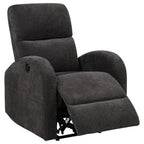 Charcoal grey fabric power recliner chair with extended footrest, rounded arms, and contemporary design.