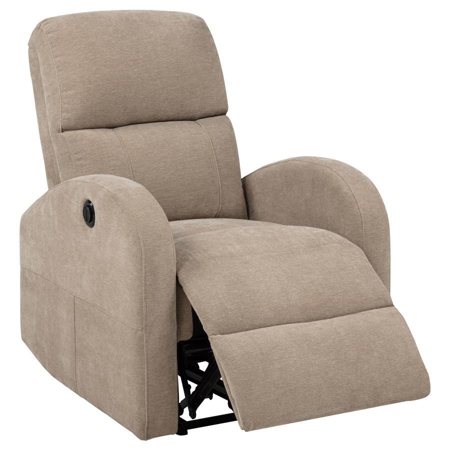 Camel fabric power recliner chair with footrest extended, showing black mechanical base and control button on armrest.