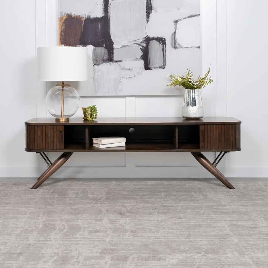 Valna Wood 71-inch TV Stand with Sliding Doors Walnut - Home & Sleep Outlet