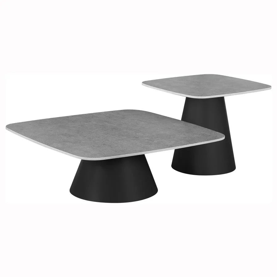 Two modern concrete coffee tables with gray tops and black cone-shaped metal bases on white background.