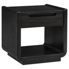 Burnished black wood end table with single drawer and open shelf storage compartment below.