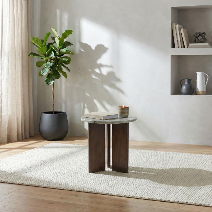 Home & Sleep Outlet - Jenna Round Marble Top Mango Wood Side End Table Brown