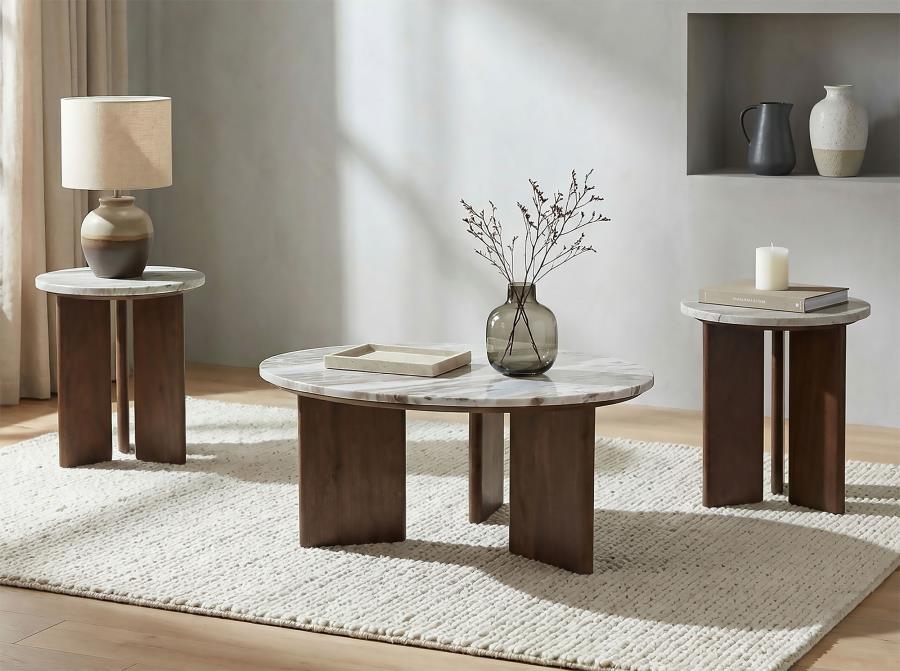 Home & Sleep Outlet - Jenna 3-piece Round Marble Top Coffee Table Set Brown