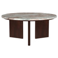 Round marble-top coffee table with dark brown wood pedestal base and two curved panel supports.