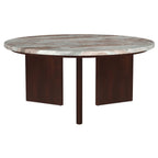 Round marble-top coffee table with dark brown wood pedestal base and two curved panel supports.