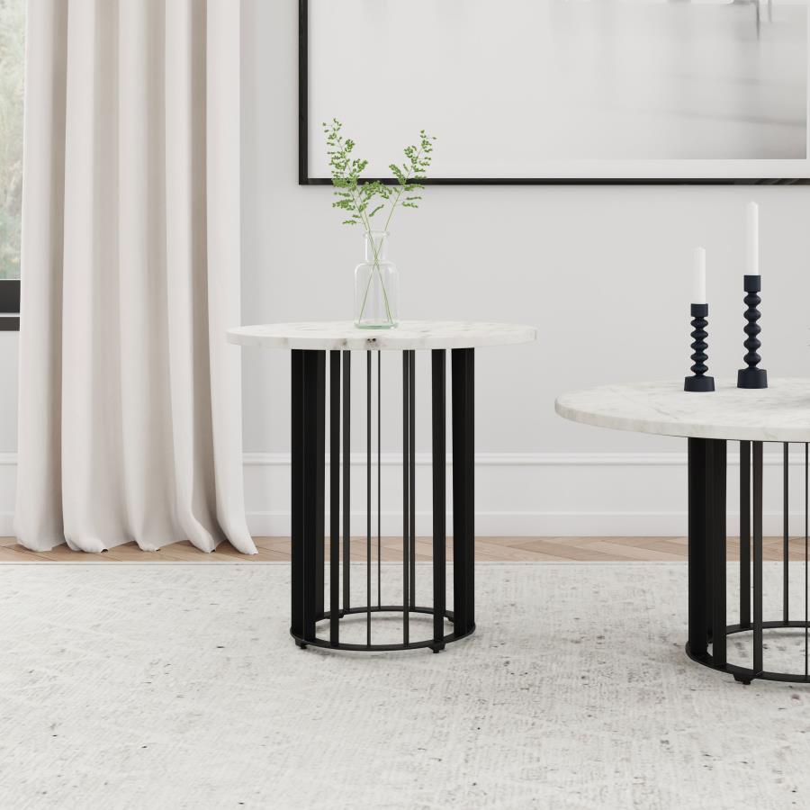 Home & Sleep Outlet - Haven Round Genuine White Marble Top End Side Table Black
