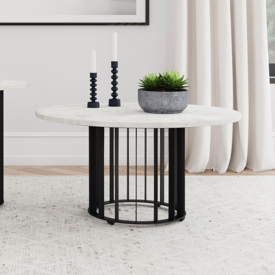 Home & Sleep Outlet - Haven Round Genuine White Marble Top Coffee Table Black