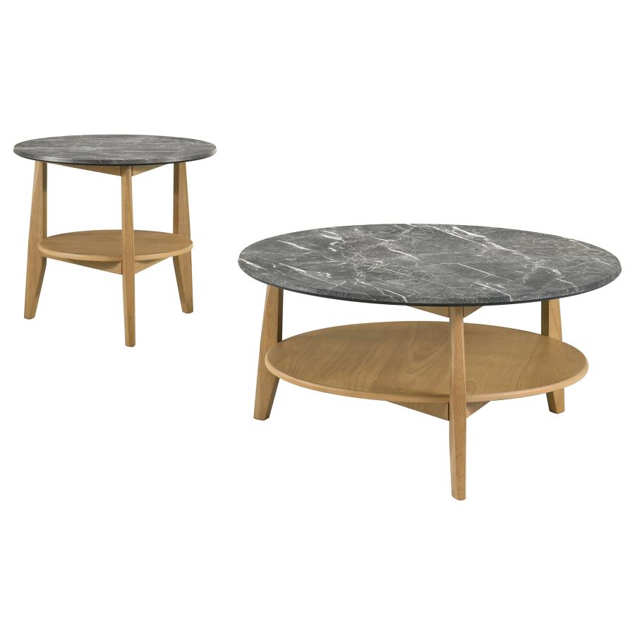 Round grey marble coffee table with natural oak wood base and matching side table with shelf storage.