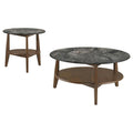 Two-piece round coffee table set featuring smokey grey stone tops and brown wooden legs with lower shelves.