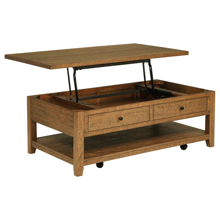 Distressed brown wood lift-top coffee table with two drawers, open shelf, and metal lift mechanism.