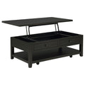Distressed java lift-top coffee table with two drawers, open shelf, and wheeled base in raised position.