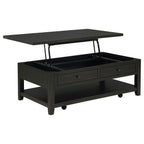 Distressed java lift-top coffee table with two drawers, open shelf, and wheeled base in raised position.