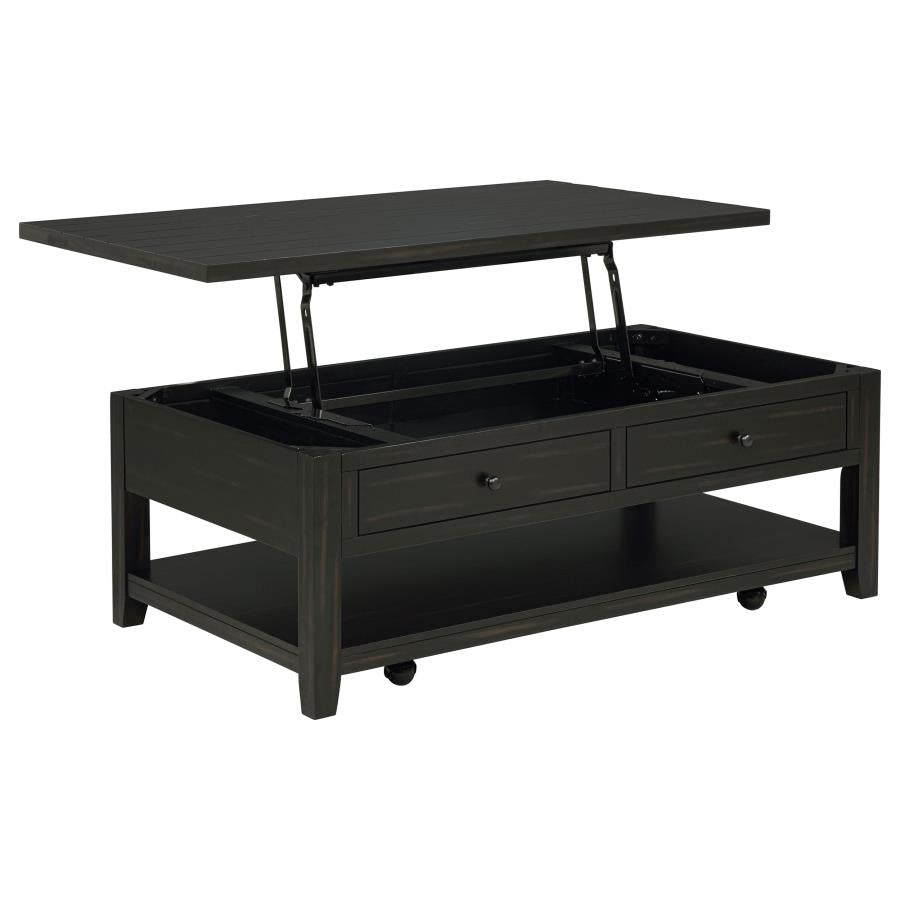 Distressed java lift-top coffee table with two drawers, open shelf, and wheeled base in raised position.