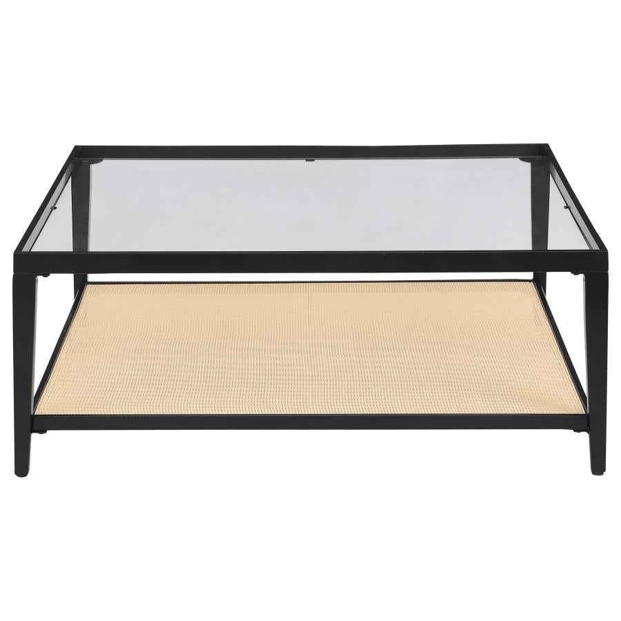 Amherst Glass Top Metal with Cane Shelf Coffee Table Black