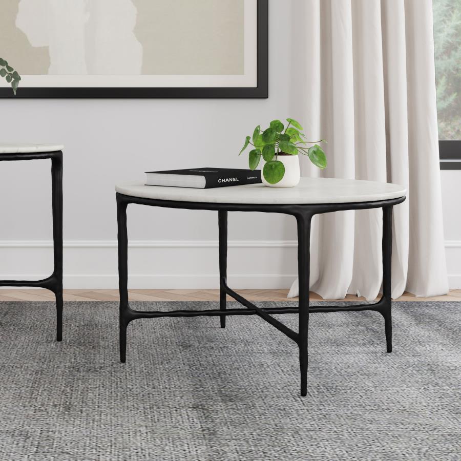 Home & Sleep Outlet - Hermas Round Genuine Marble Top Metal Coffee Table White