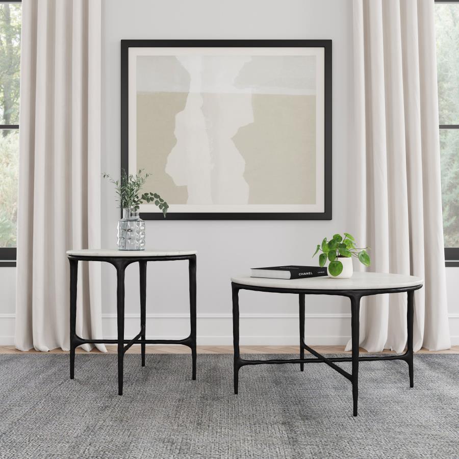Home & Sleep Outlet - Hermas Round Genuine Marble Top Metal Coffee Table White