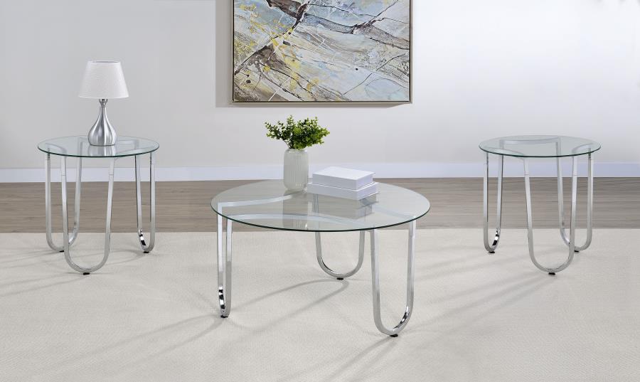 Home & Sleep Outlet - Beller 3-piece Round Tempered Glass Top Coffee Table Set Chrome