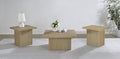 Three light wood square tables arranged in a bright, minimalist living room with white walls and natural light.