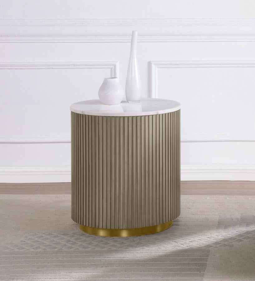 Jason Round White Marble Top Side End Table Greige