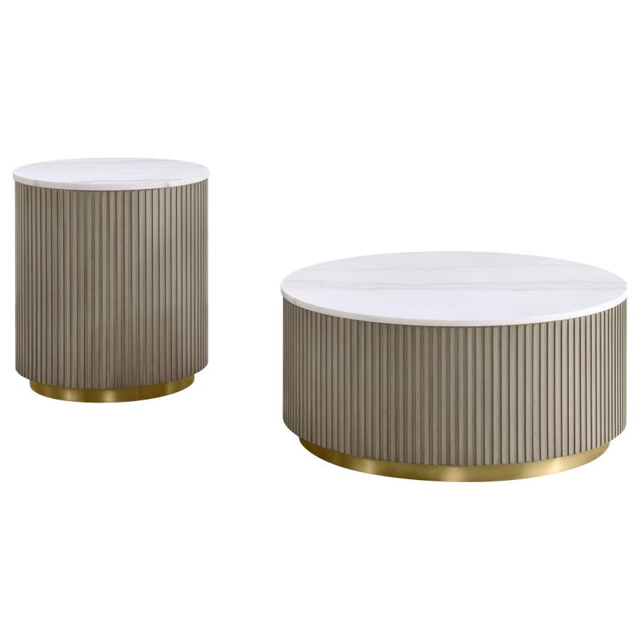 Home & Sleep Outlet - Jason 2-piece Round White Marble Coffee Table Set Greige