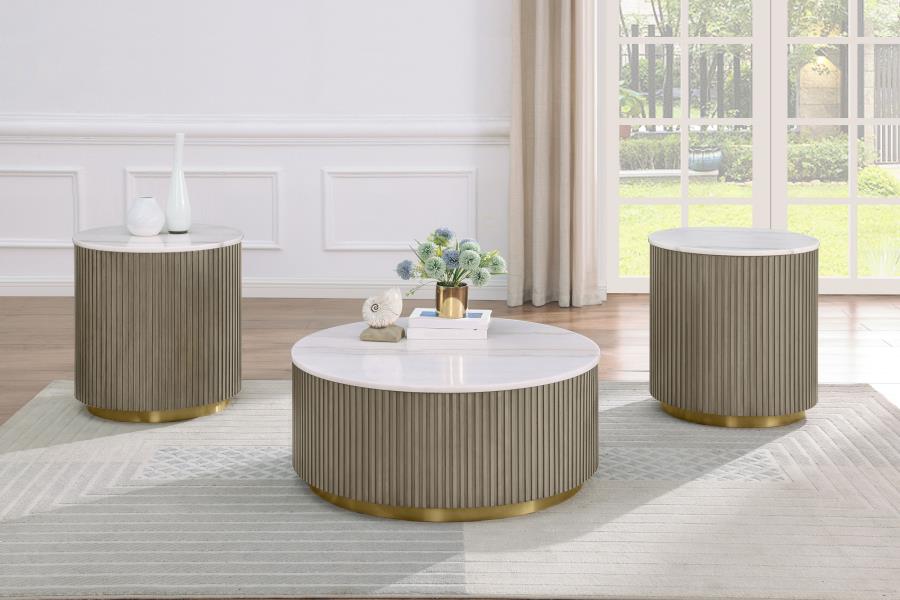 Home & Sleep Outlet - Jason 3-piece Round White Marble Coffee Table Set Greige
