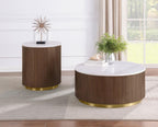 Jason Round White Marble Top Side End Table Honey Brown