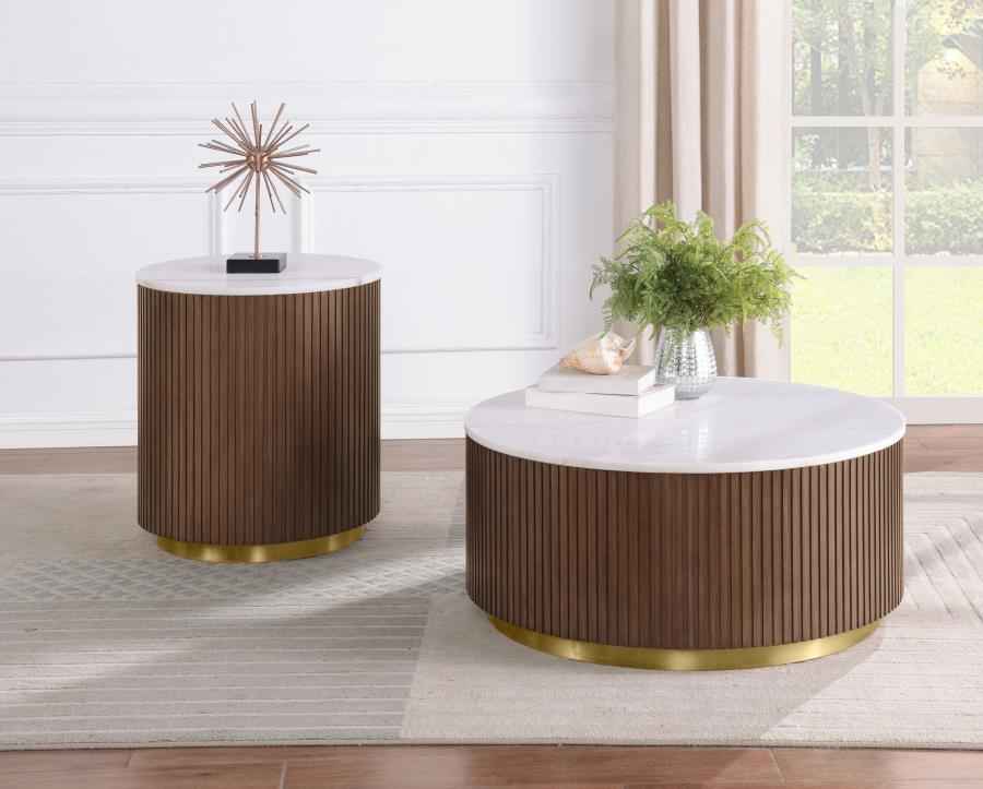 Jason 2-piece Round White Marble Coffee Table Set Honey Brown