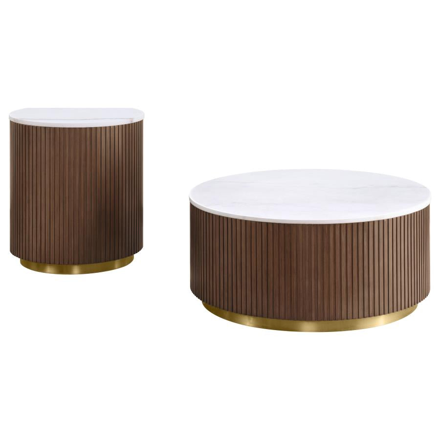 Home & Sleep Outlet - Jason 2-piece Round White Marble Coffee Table Set Honey Brown
