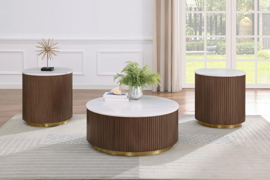 Home & Sleep Outlet - Jason 3-piece Round White Marble Coffee Table Set Honey Brown