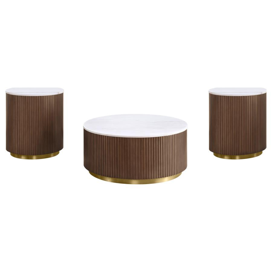 Home & Sleep Outlet - Jason 3-piece Round White Marble Coffee Table Set Honey Brown