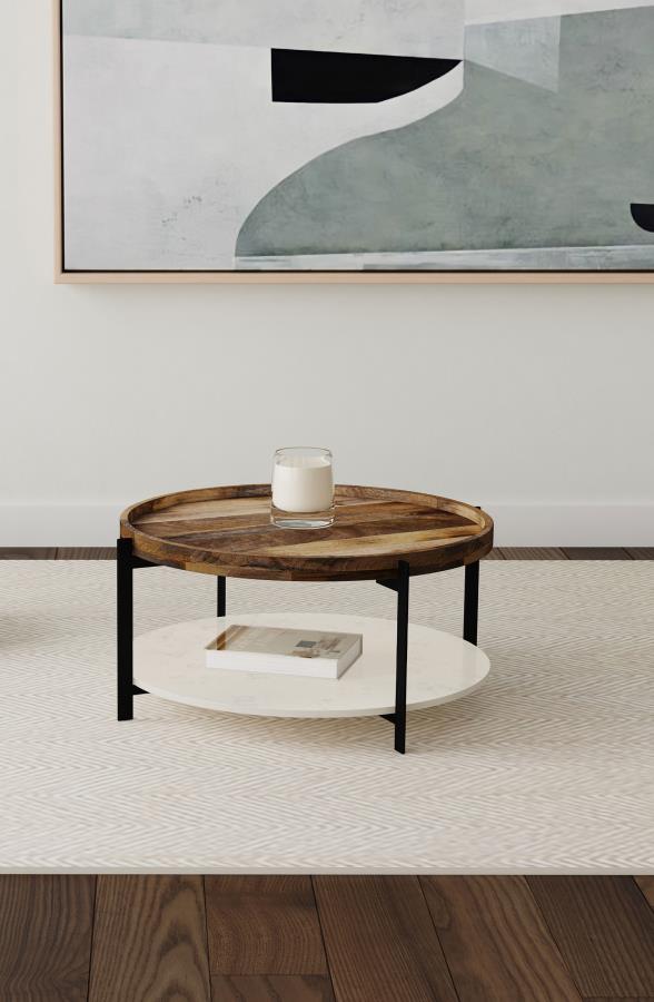 Home & Sleep Outlet - Adhvik Round Wood Top Marble Shelf Coffee Table Natural