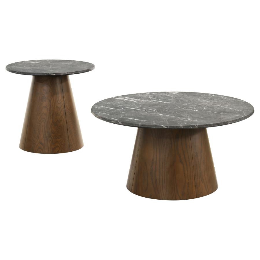 Home & Sleep Outlet - Franklin 2-piece Round Pedestal Coffee Table Set Grey and Dark Brown