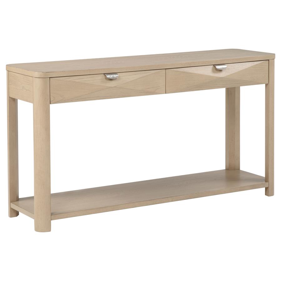 Light elm wood console table with two top drawers and lower open shelf, featuring simple hardware and square legs.