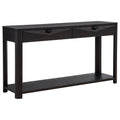 Black wood console table with two top drawers, open shelf, and sturdy legs on white background.