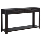 Black wood console table with two top drawers, open shelf, and sturdy legs on white background.